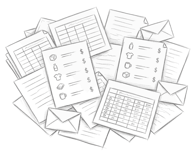 Hand-drawn sketch of scattered documents, spreadsheets and messages